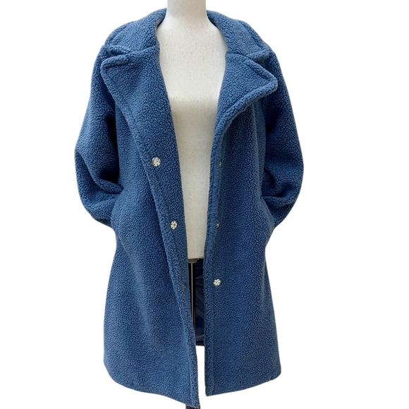 STOOSH Teddy Sherpa Coat Long Pockets Cozy Oversized Lined Jacket Blue Size M - Picture 3 of 10